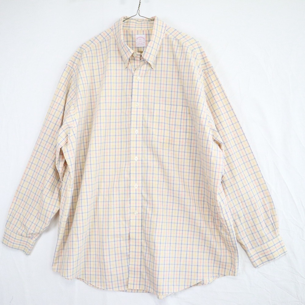 Brooks Brothers Shirt Mens 2XL XXL 346 Pocket Button Up Yellow Plaid Long Sleeve